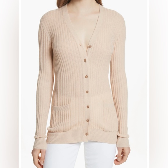 VINCE Skinny Ribbed 100% Cashmere Soft Button Down Beige Cardigan Women’s Medium - Picture 2 of 12